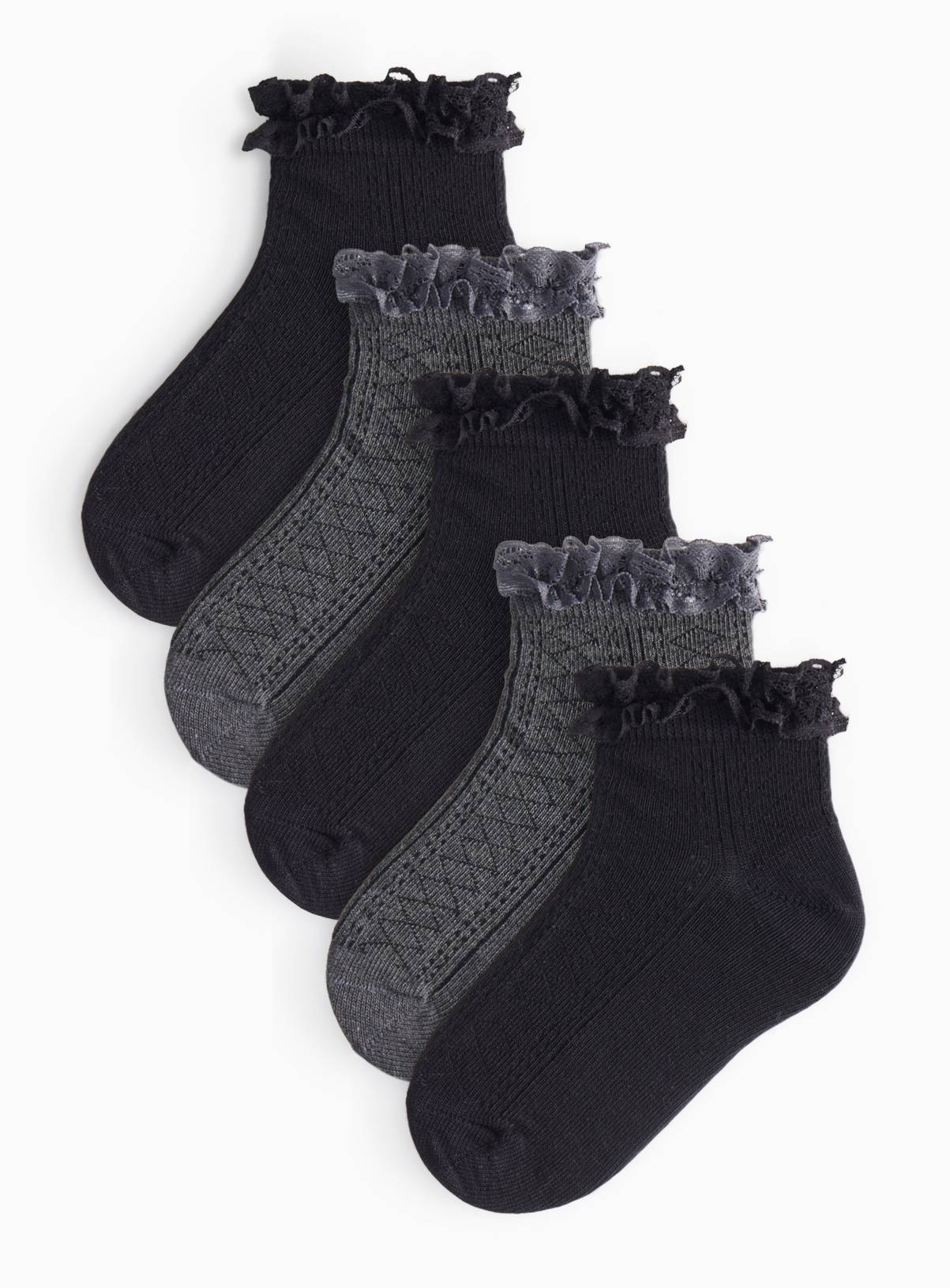 Black & Grey Lace Trim Socks 5 Pack 6-8.5 Infant - Image 1